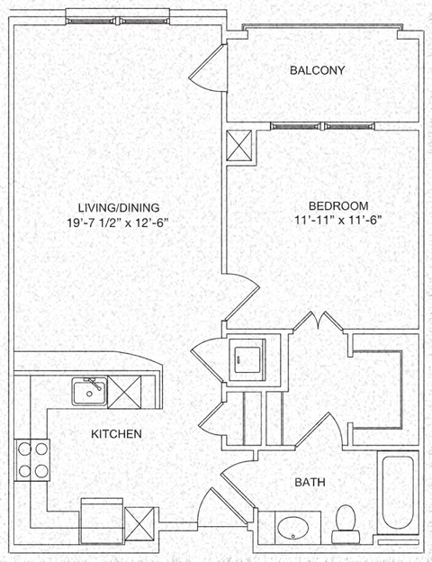Floor plan for 1 bed, 1 bath, 812 sqft